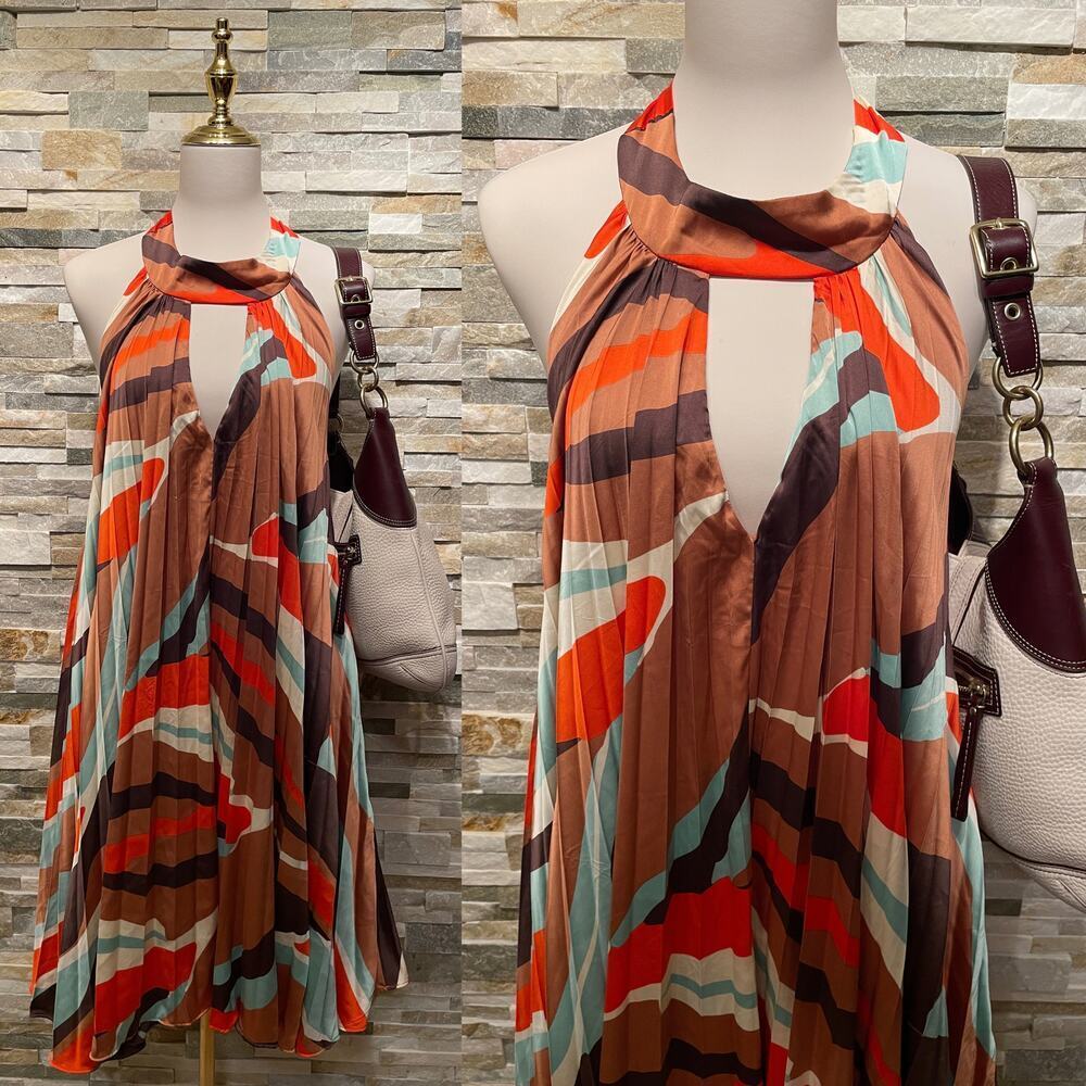 Hutch for Anthropologie XL Pleated Halter Mini Dress | Brown Motif NWT